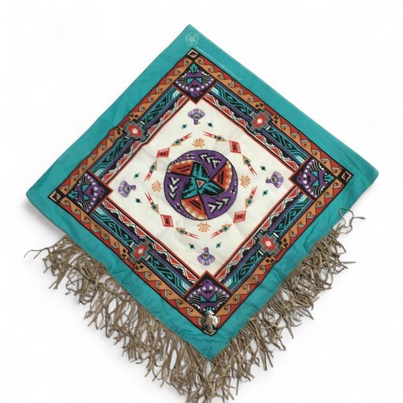 Vintage Wamcraft Scarf Kerchief Concha Thunderbird Fringe Leather RARE 22"x21.5" - Picture 1 of 8